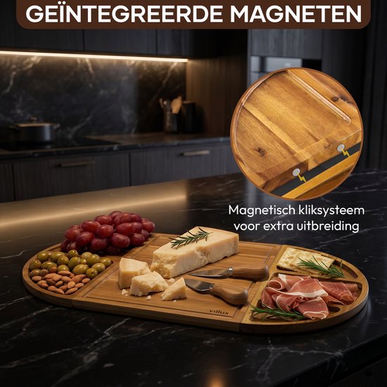 Villux Tapasplank - Borrelplank - Serveerplank - Kaasplank - Hapjesplank - Taspasplank Acacia - Borrelplank Magnetisch- Inclusief Ebook - 66CM