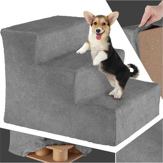 tectake® huisdiertrap, instaphulp met wasbare hoes, extra vlakke trap, (grijs, 37 x 45 x 34,5 cm)