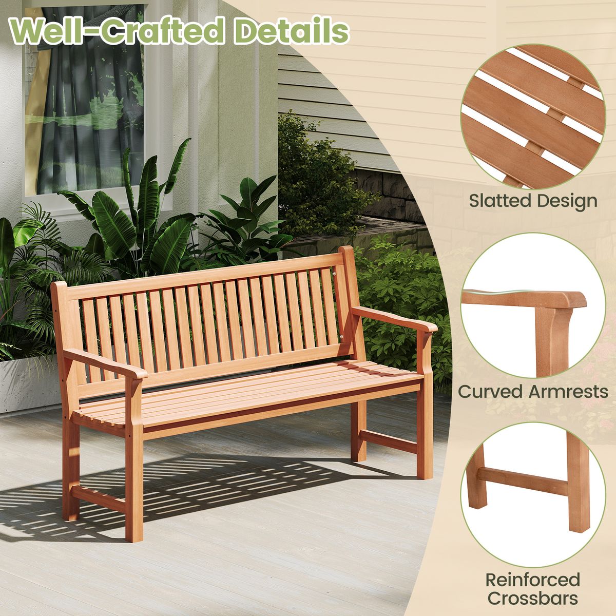 Coast Tuinbank - driezitsbank van dennenhout - ergonomische rugleuning en armleuningen - naturel - 150 x 53,5 x 89 cm