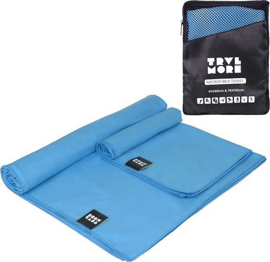 TRVLMORE Microvezel Reishanddoek Set - 2 Stuks - Klein (40 x 80 cm) & Groot (76 x 150 cm) - Microvezel - Blauw
