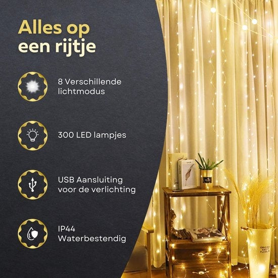 Giftmas LED Lichtgordijn – Kerstverlichting voor Buiten & Binnen – Inclusief Afstandsbediening - 300 LED's – 3x3m