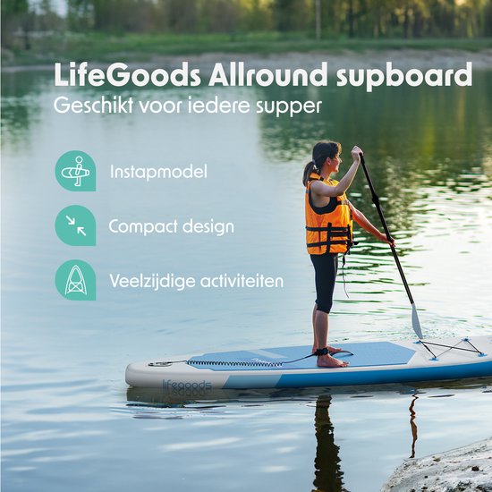 LifeGoods SUP Board Allround Compact - 100 KG Draagkracht - 300 x 76 cm - Opblaasbaar - Compleet SUP pakket - Wit/Sky Blue