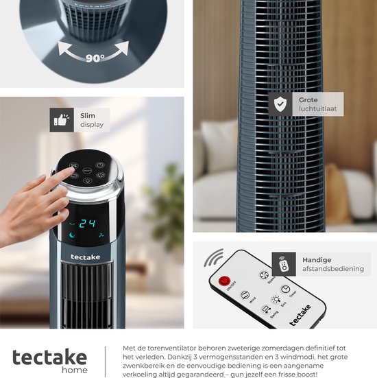 tectake® Torenventilator Arktis - Grote Staande Ventilator met Afstandsbediening - 3 Standen - Timer - 90° Zwenkfunctie - Oscilerend - Waaier - Kolomventilator - Antraciet