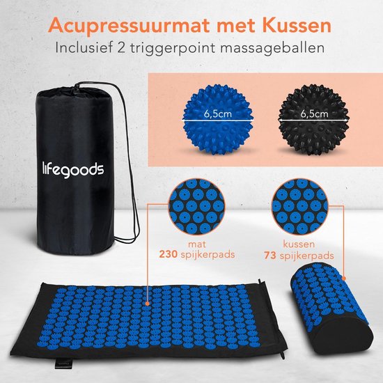 LifeGoods Acupressuur Mat met Kussen - Shakti mat - Spijkermat Incl. 2x Triggerpoint Bal - 60x40x2cm - Zwart/Blauw
