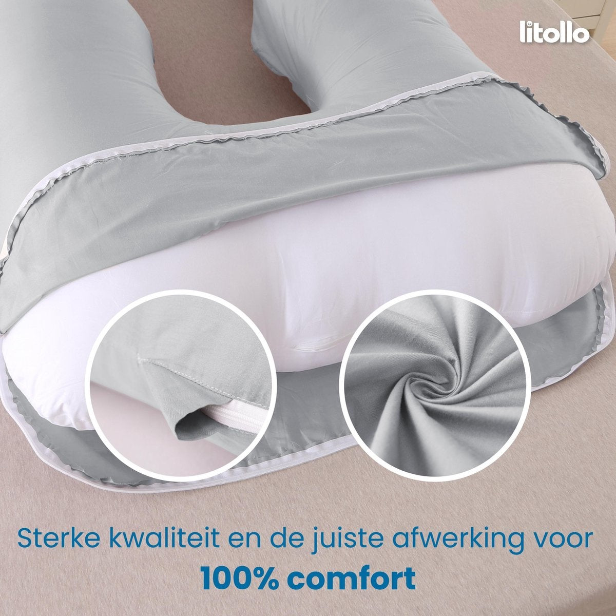 Litollo® Zwangerschapskussen XXL - Voedingskussen - Lichaamskussen - Body pillow - 280cm - Grijs - Met gratis extra afneembare hoes (t.w.v. €29,95)