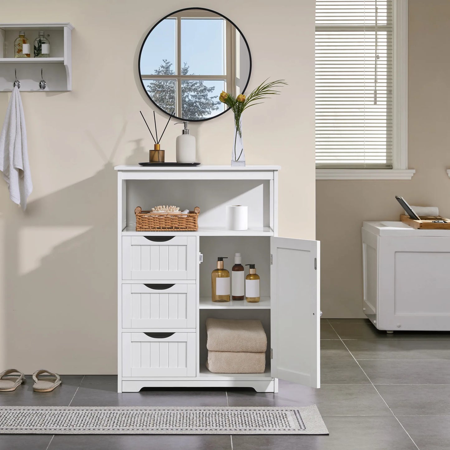 Yaheetech Badkamerkast Met 3 Lades – Voorzien Van Verstelbare Plank En Open Opbergvak En Metalen Beslag – Voor Badkamer Woonkamer En Slaapkamer – Wit Mdf En Metaal – 66 x 35 x 90 cm