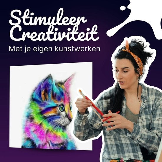 Rubye® Schilderen Op Nummer Volwassenen – Kleurrijke Kat – Inclusief Verf en Penselen – Canvas Schildersdoek – Kleuren op Nummer – 40x50cm