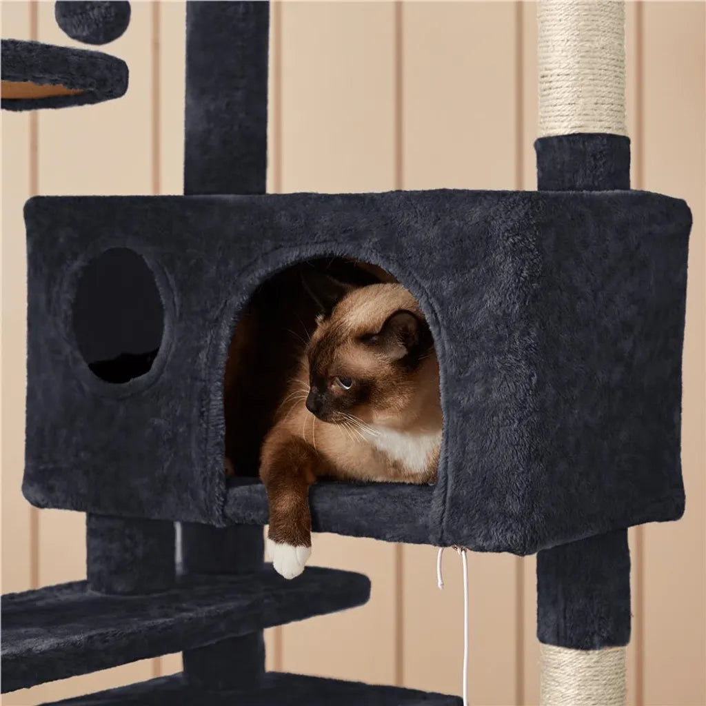 Yaheetech Kattenkrabpaal- 139 cm Hoog - 3 Uitkijkplatformen - 2 Knusse Kattenverblijven - Zwart
