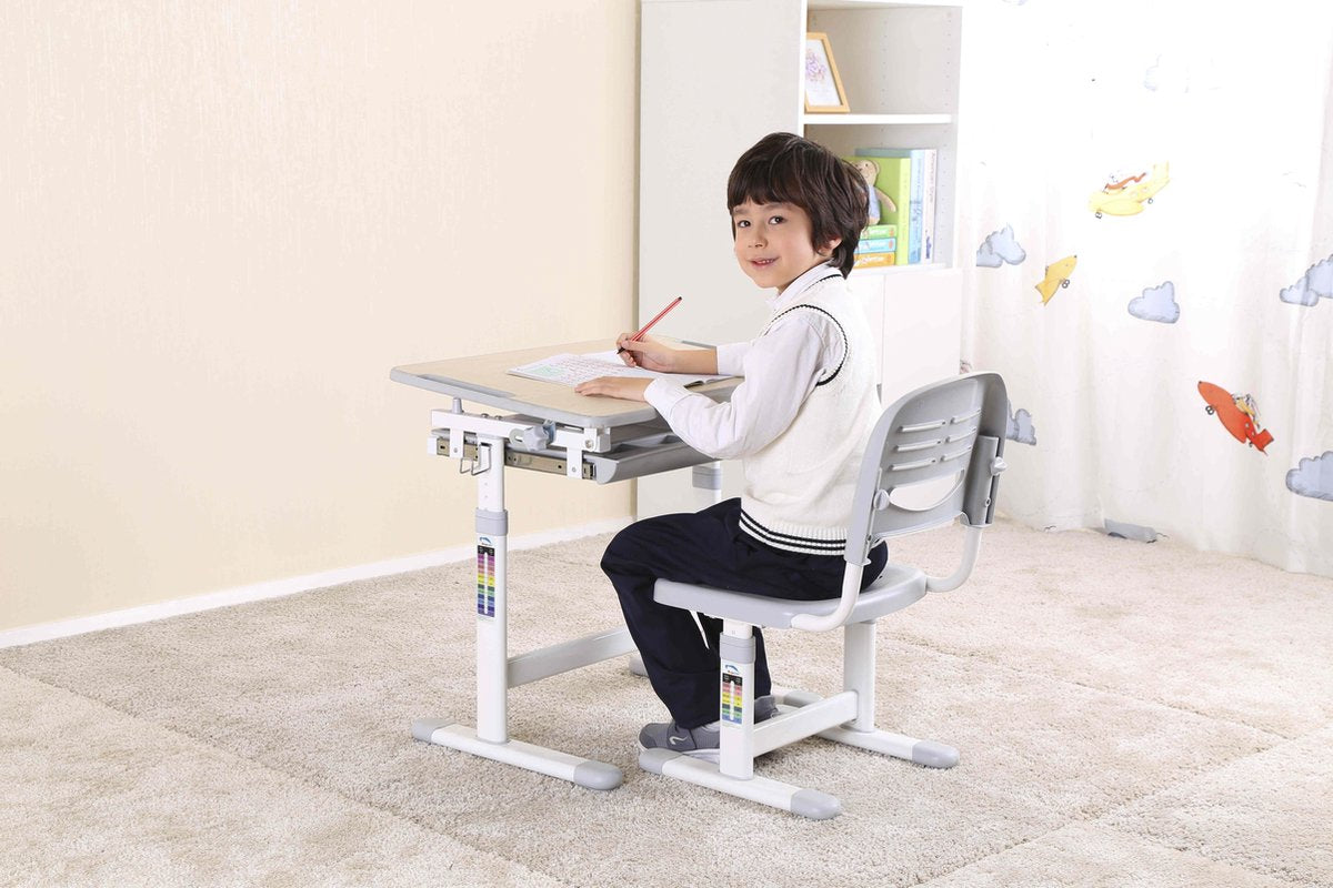 VDD Gaming Kinderbureau met Bureaustoel Hoogte Verstelbaar Grijs/Wit – Kantelbaar Blad – 66 x 47 x 54–76 cm