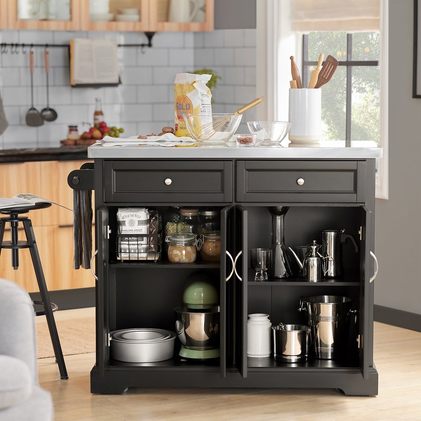 SoBuy - Keukeneiland met Uitbreidbaar Werkblad - 115x92x46-71 cm - Zwart