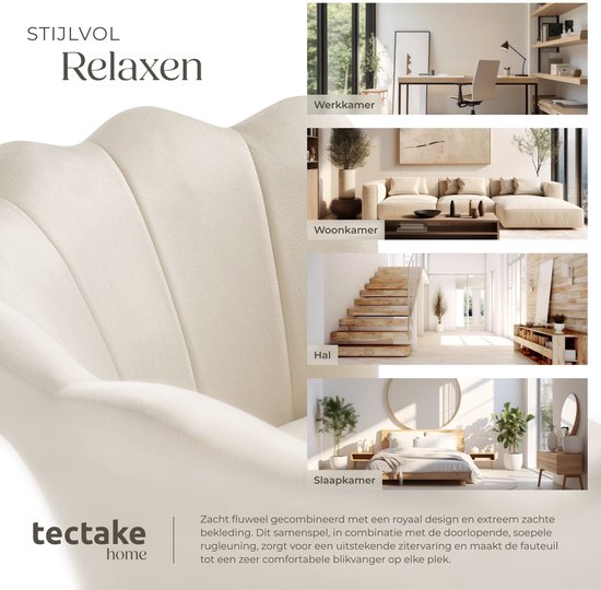 tectake® Fauteuil Stella - Kuipstoel met armleuning – Comfortabele Eetkamerstoel – Keukenstoel – Dikke vulling – Voor woonkamer en eetkamer – Met fluwelen bekleding - crème/goud