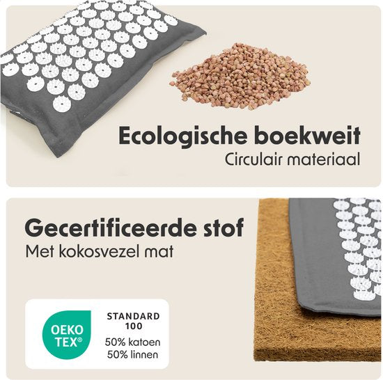 LifeGoods Acupressuur Mat Eco - Complete Set - Kussen / Draagtas / 2x Triggerpoint Bal - Shakti mat - Spijkermat - 72x43x2cm - Grijs/Wit