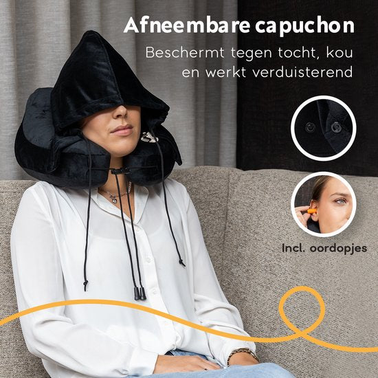 TRAVARA Opblaasbaar Nekkussen - The Airsnoozer - Reiskussen - Voor Vliegtuig en Auto - Met Oordoppen - Nek Kussen - Zwart