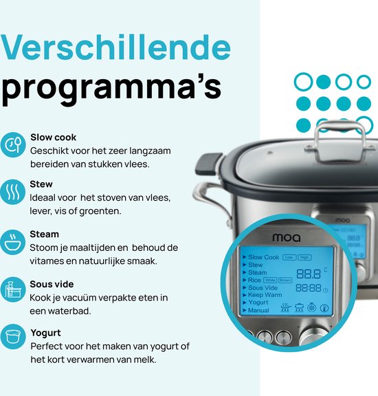MOA Multicooker - Slowcooker - 8 Kookfuncties - 6 Liter - 1250W - Rijstkoker - Stoomkoker - Sous Vide koker - Yoghurtmaker - RVS - MC01S