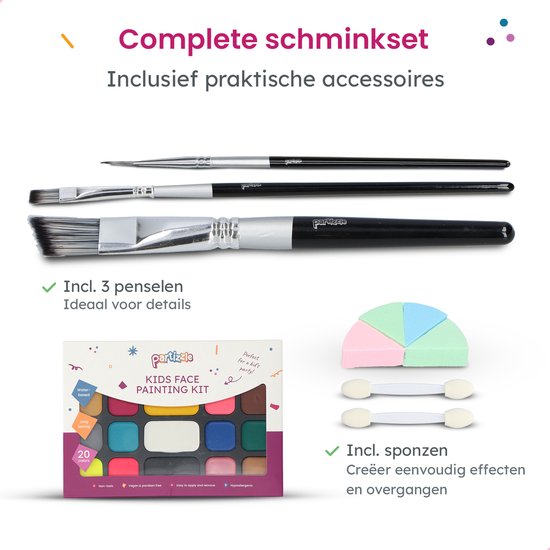 Partizzle Schminkset op Waterbasis - Schmink Boek en Sjabloon Set - Penselen, Sponsjes, Haarkrijt, Bio Glitters - Kerst Kinderen - 20 Kleuren