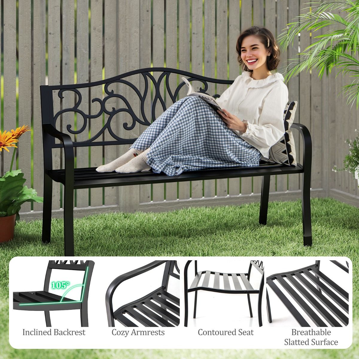 coast Tuinbank Zwart - Gietijzeren Rugleuning met Bloemenpatroon - 127 x 61 x 89 cm - 2-3 Persoons Terrasbank met Armleuningen