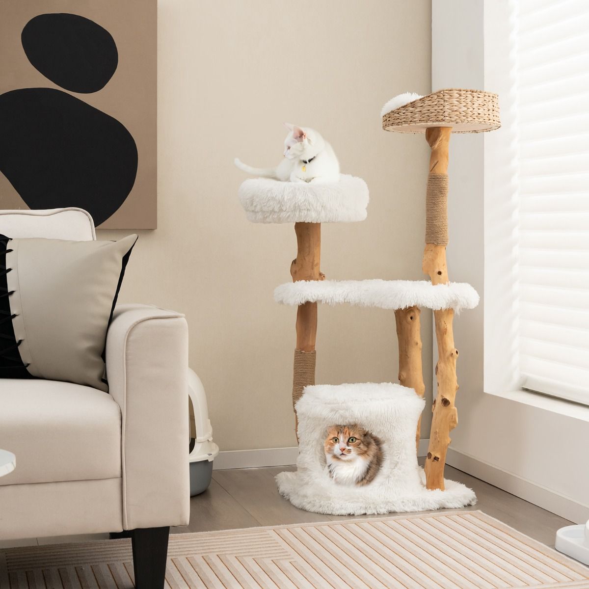 Coast Krabpaal voor Katten - Massief hout en jute - 5 verdiepingen - Naturel en wit - 124 cm