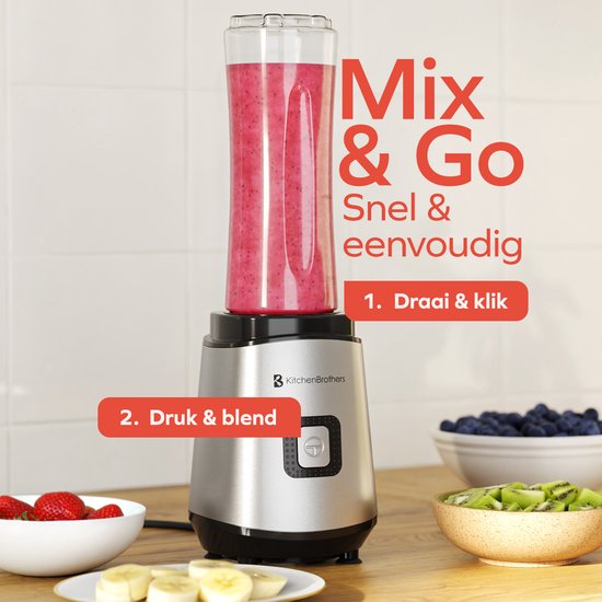 KitchenBrothers Mini Blender - Blender to Go - Smoothie Maker - 2 To-Go Bekers 600 ml - RVS