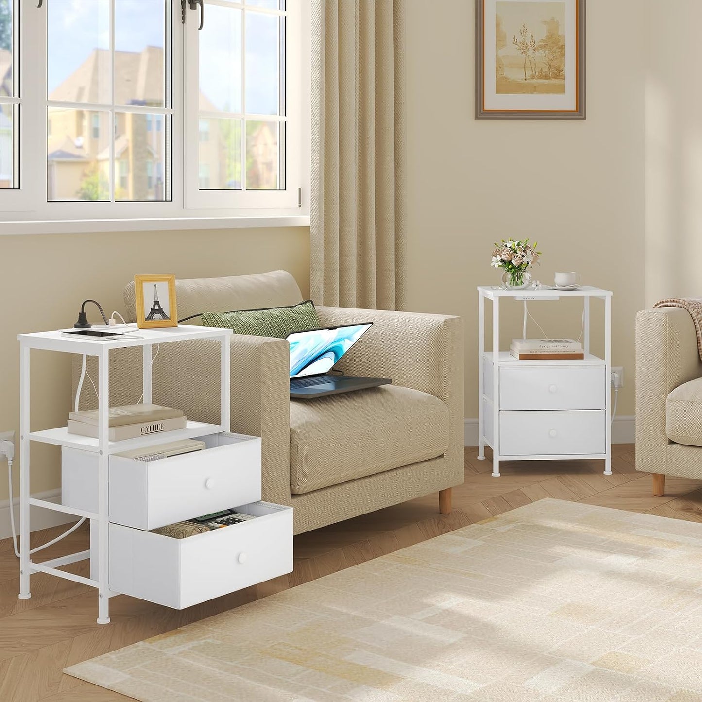 Woltu Nachtkastje met Stopcontact en Ledverlichting - Set van 2 - Wit - 40x30x60 cm