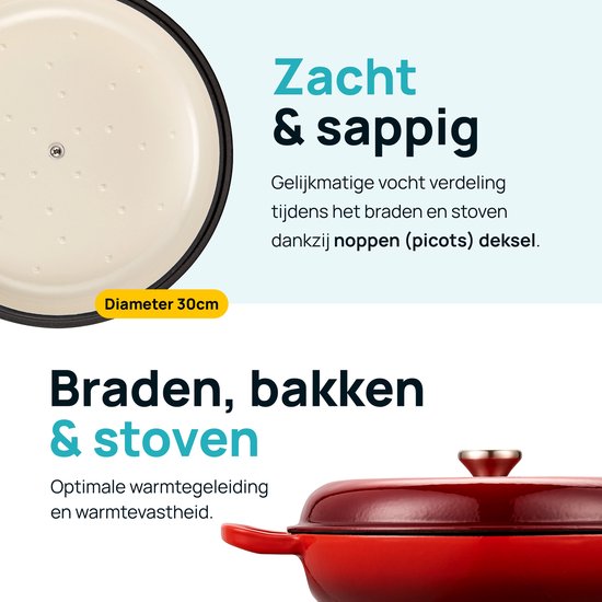 MOA Gietijzeren Braadpan - Braadpan inductie - Gietijzeren pan - 3,5L inhoud - Ø 30 cm - Alle warmtebronnen - Gewicht 5,6 kg - Emaille - Kersenrood