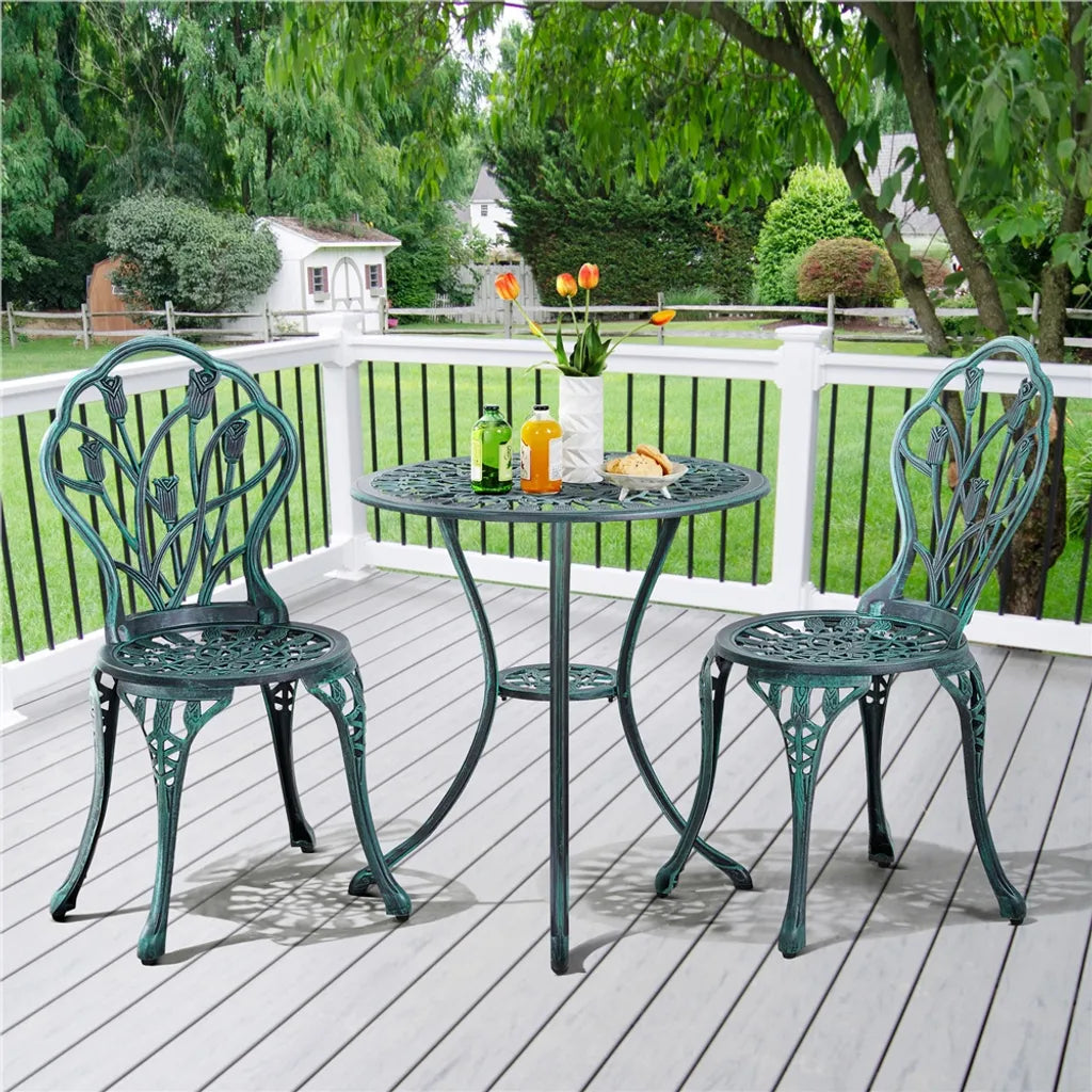 Yaheetech 3-delige Bistroset Tuin - Groen - Aluminium Tuinset met 2 Stoelen en Tafel met Parasolgat