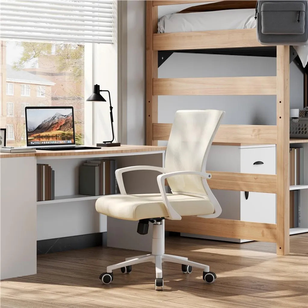 Yaheetech Ergonomische Bureaustoel 60 x 60 x 91-100,5 cm - Beige - Verstelbare Draaistoel met Mesh Rugleuning