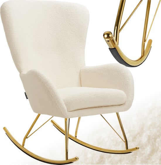 tectake® Swing Schommelstoel – Gestoffeerde Bouclé Fauteuil met Stalen Glijders en Extra Dik Zitkussen – Scandinavisch Design, Onderhoudsvriendelijk en Ergonomisch – creme/goud