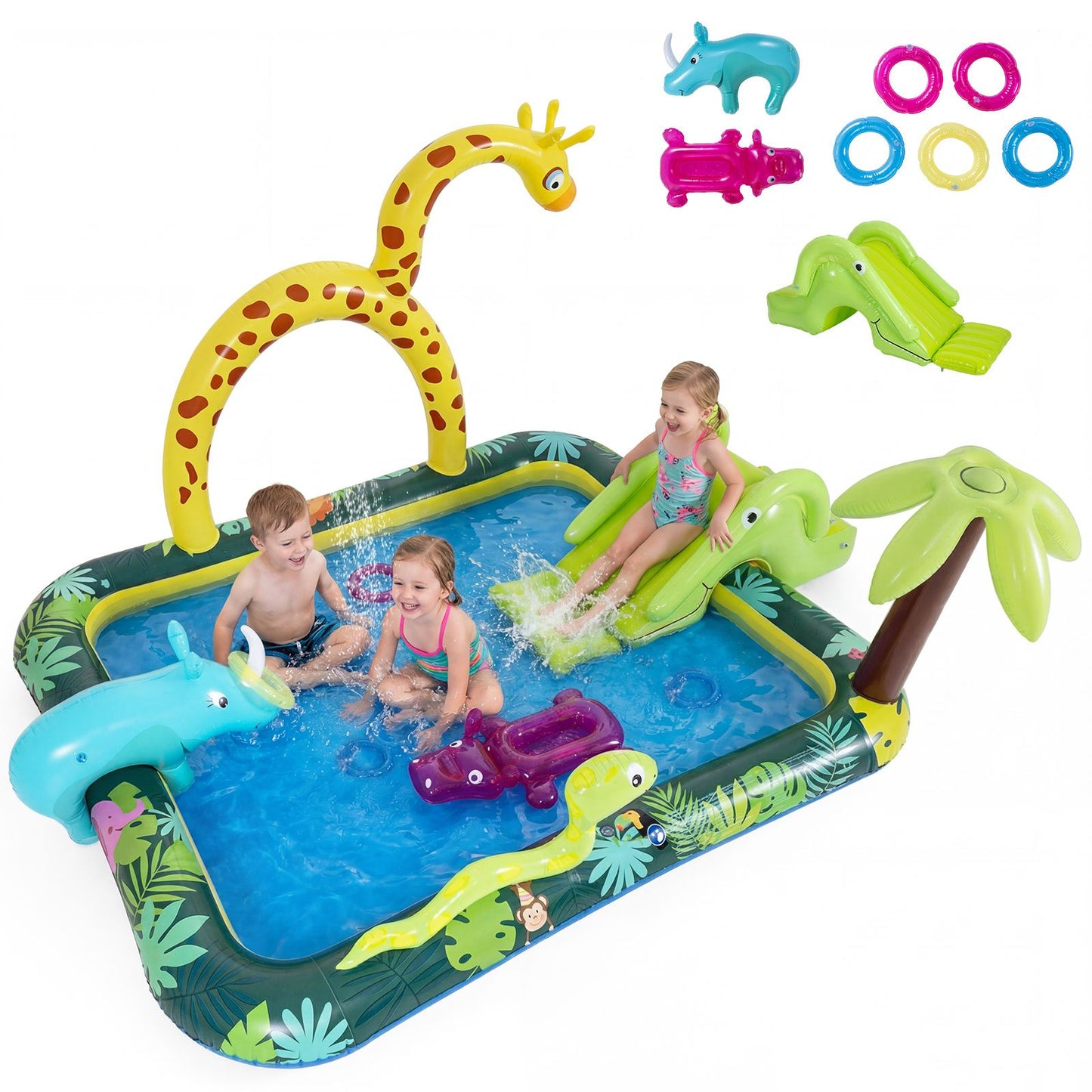 Coast Dieren in de Jungle Opblaasbaar Zwembad met Glijbaan en Sprinkler - Ringwerpspel Waterspeelcentrum voor Kinderen - 208x178x138 cm - Multikleur