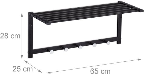muur kapstok hangend - met plank - 5 haken - metaal - 28 x 65 x 25 cm - zwart