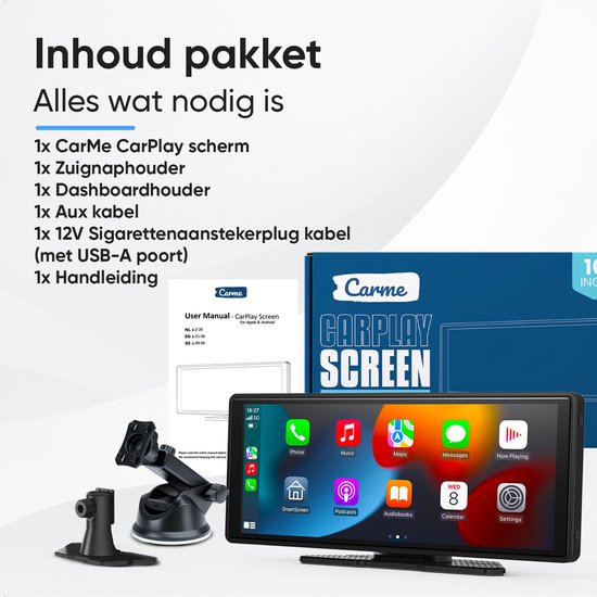 CarMe CarPlay Scherm 10 Inch - Apple CarPlay & Android Auto (Draadloos) - Touchscreen - Navigatiesysteem auto - Geschikt voor Apple CarPlay & Android Auto - Android Auto scherm