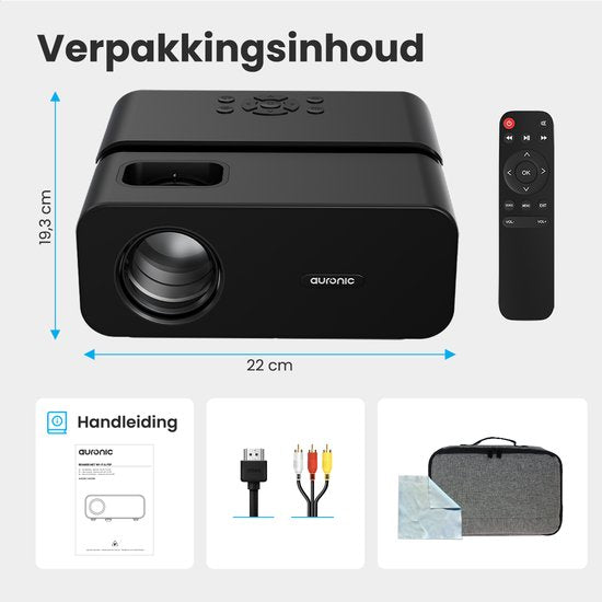 Auronic Beamer 10.000 Lumen - 1080P Full HD Streamen vanaf je telefoon - WiFi - Smart Mini Projector - HDMI-kabel - Afstandsbediening - Zwart