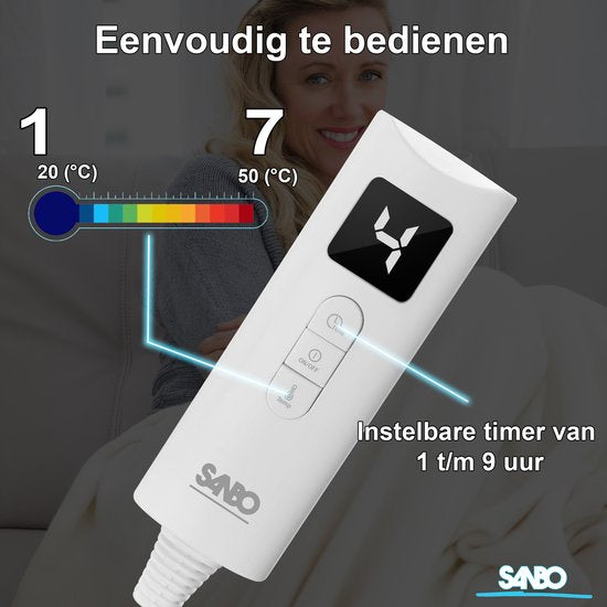 Sanbo Elektrische Deken - 2 Persoons - 150 x 160 cm - Wasmachinebestendig - Onderdeken - 7 Standen - Met Hoekelastieken