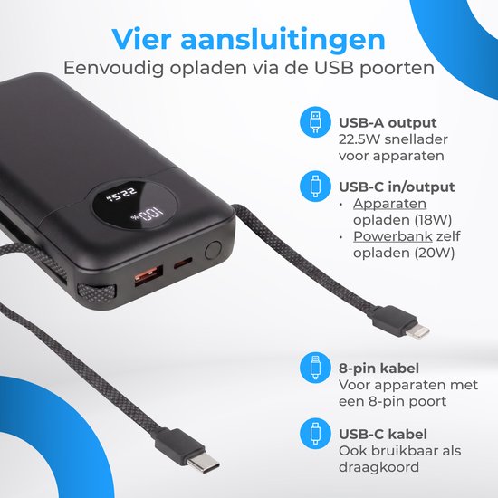 Nuvance Powerbank 20000 mAh - 22.5W Snellader Usb-C & 8-Pin - Noodpakket - 2 Poorten - 2 Geïntegreerde Kabels - Power Bank