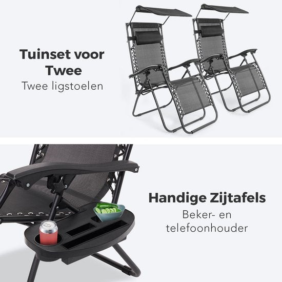 LifeGoods Opvouwbare Tuinstoelen - met Luifel - Verstelbaar Zonnescherm - 2 Stuks - 30°-90° Verstelbaar - Metaal - Zwart