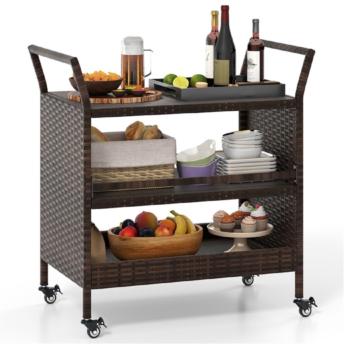 Coast Buitenbarwagen - 3 lagen - Rattan met vergrendelbare wielen - Bruin - 86 x 50 x 89 cm