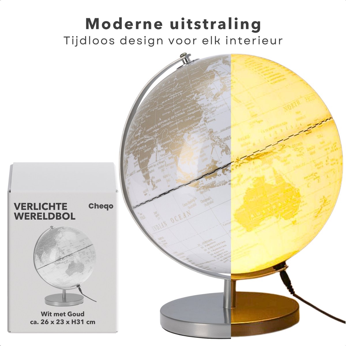 Cheqo® Wereldbol Lamp 31 cm – LED Globe met Verlichting – Wit Goud – Decoratieve USB Wereldbollamp