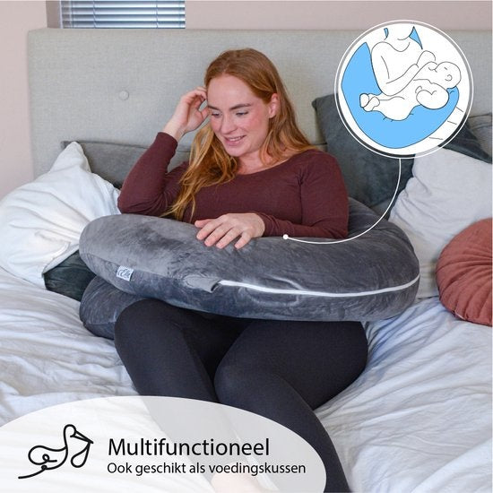 EL-Life Zwangerschapskussen XXL U-Vorm - Zijslaapkussen - Lichaamskussen - Voedingskussen - Body Pillow - 140x80cm - Afneembare Minky Fleece Hoes, Grijs