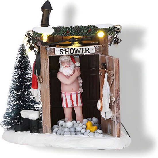 Luville Kerstdorp Miniatuur Naakte Kerstman - Kerstversiering voor je Kerstdorp - Kerst Decoratie voor Binnen - Guirlande met Lampjes en Warm Witte Verlichting - L10 x B8,5 x H11 cm