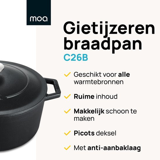 MOA Gietijzeren Braadpan - 5,7L - Voor Alle Warmtebronnen incl. Inductie - Met Deksel - Ø 26cm - Anti-Aanbaklaag - Zwart