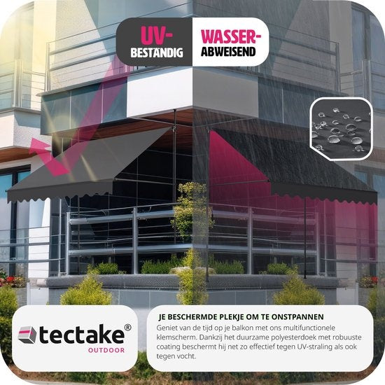 tectake - klemluifel - Zonnescherm – Zonneluifel - Verstelbaar - Klem-zonwering - Zonnescherm Balkon - 250 x 120 cm - zwartgrijs – zonwering - 404962