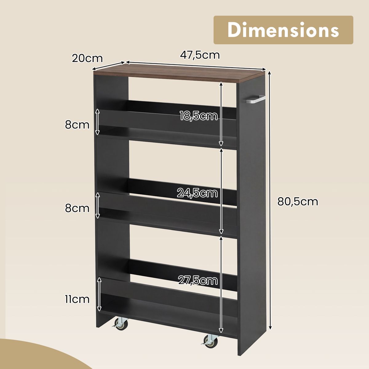 Coast Keukenwagen - smal nissenrek op wielen - 4 verdiepingen - zwart en bruin - 47,5 x 20 x 80,5 cm