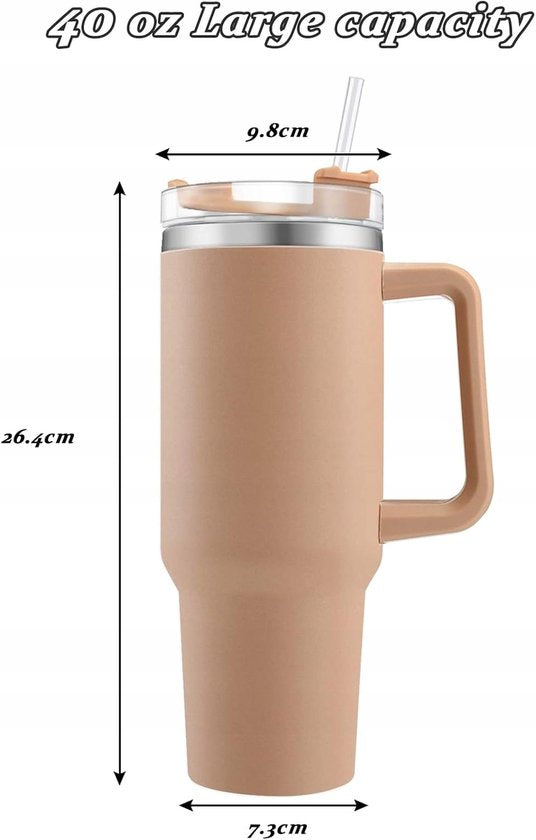 Merkloos Thermosbeker 1200ml RVS met Riet & Handvat - Nude