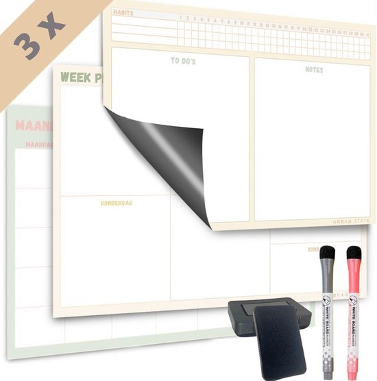 Magnetische weekplanner + maandplanner whiteboard - trio set - planner magnetisch - planbord - familieplanner