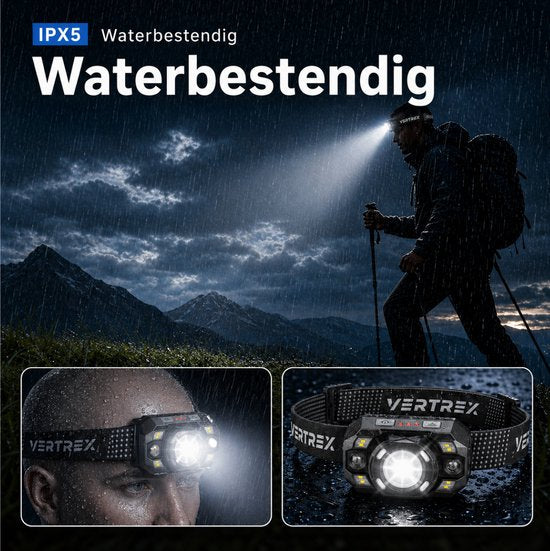 Vertrex Hoofdlamp LED Oplaadbaar - Instelbare Lichtbundel - USB-C - IPX5 - Zwart
