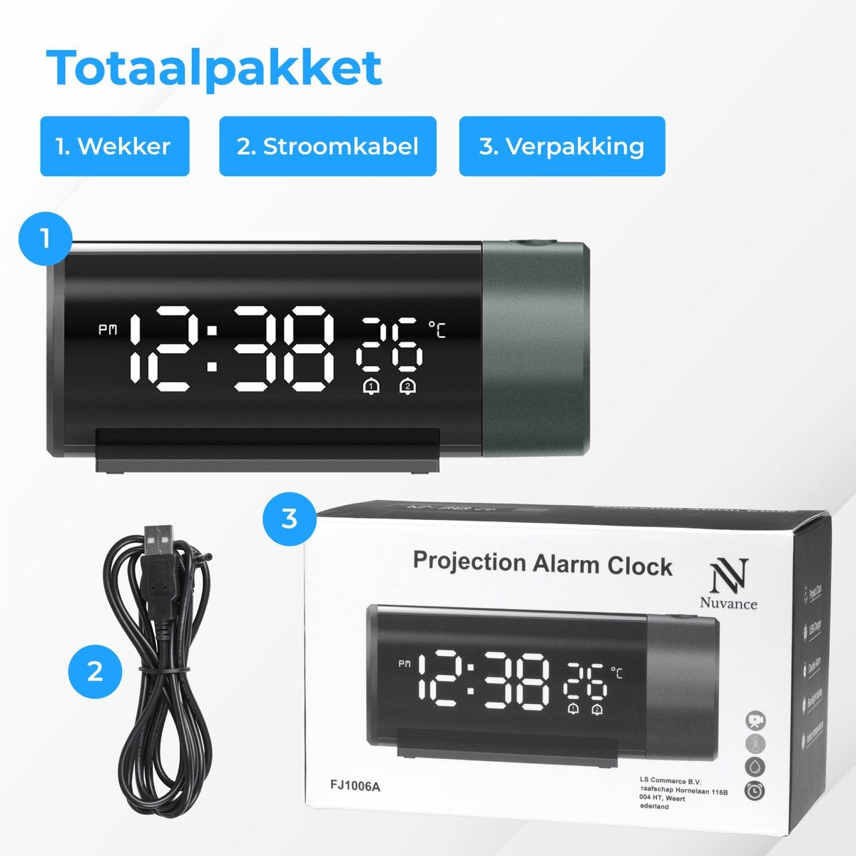 Nuvance Digitale Wekker met Projectie – Dubbel Alarm – Snooze – USB-Oplaadpoort – 15 x 6,8 x 6 cm – Zwart