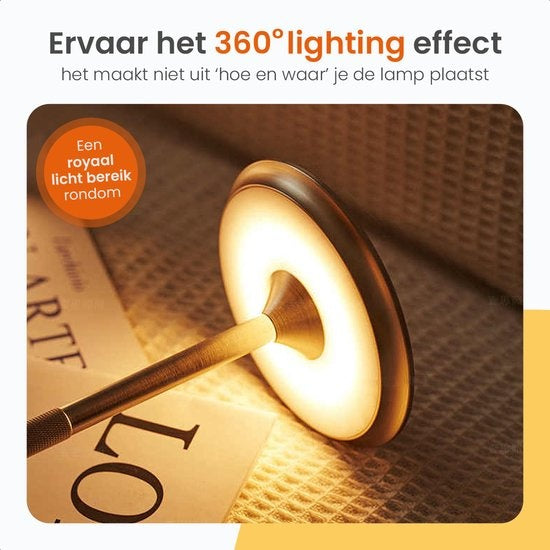 Goliving Tafellamp Oplaadbaar – Draadloos en dimbaar – Moderne touch lamp – Nachtlamp Slaapkamer – Spatwaterbestendig – 27 cm – Goud