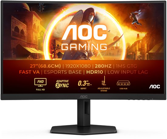 AOC C27G4ZXU - Full HD Curved Monitor - Luidsprekers - USB-Hub - Ergonomisch - 280hz - 0.3ms - 27 inch