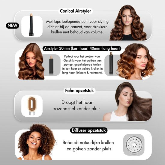 Sansbeauté® 9-in-1 Airstyler met Diffuser - Multistyler - Föhnborstel Kort Haar - Haarkruller - Haarstyler - Haardroger - Warmteborstel - Krulborstel - Krultang - Haarstijler - Stijlborstel - 5 in 1 Hairstyler