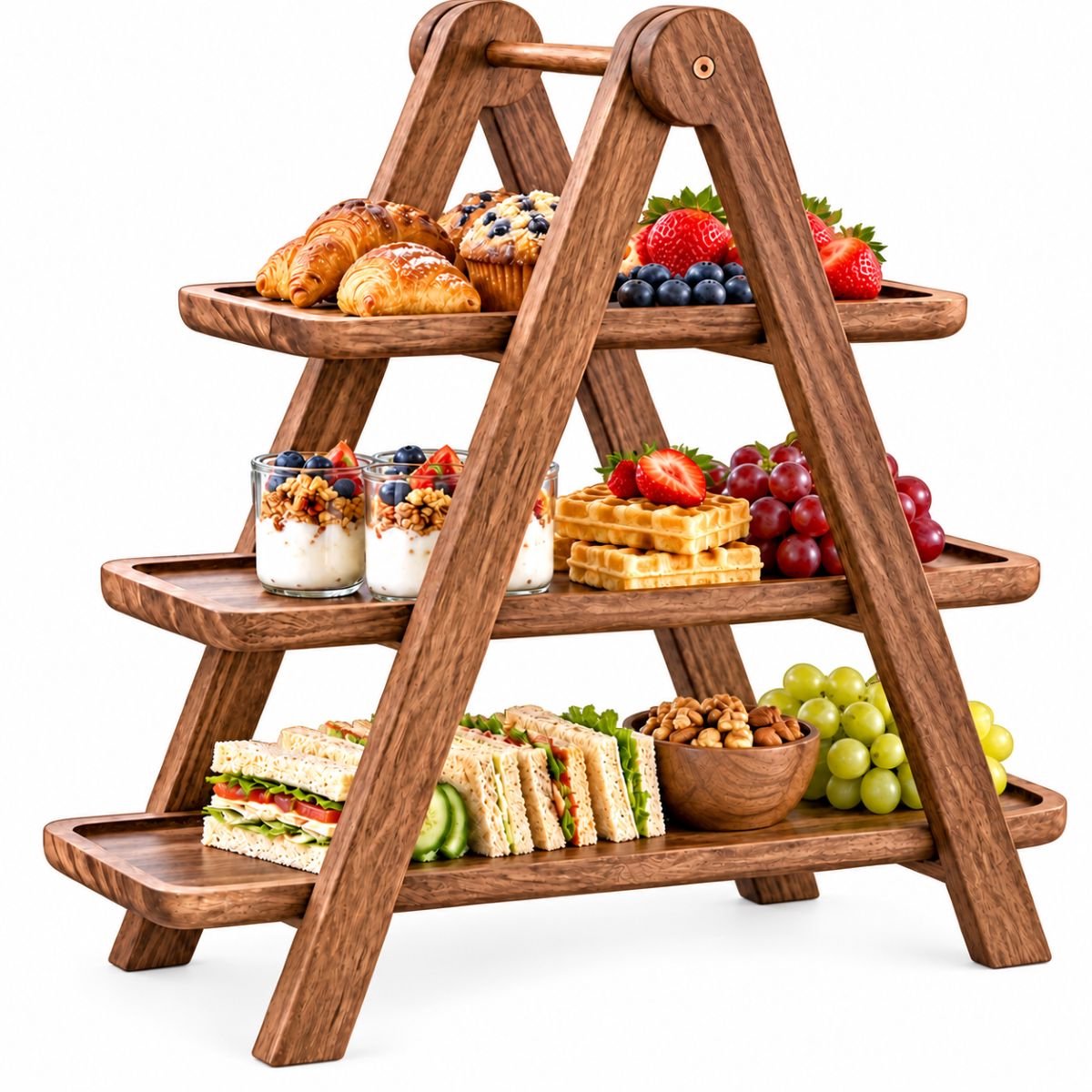 Ceruzo Houten Serveerrek met 3 Lagen – Inklapbare Etagère – 43 x 18 x 40 cm