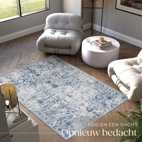 tectake® Vintage design tapijt - laagpolig vloerkleed - Boho vloerkleed - Voor woonkamer, slaapkamer, kinderkamer of tienerkamer - Wasbaar - 160cm x 230cm - blauw